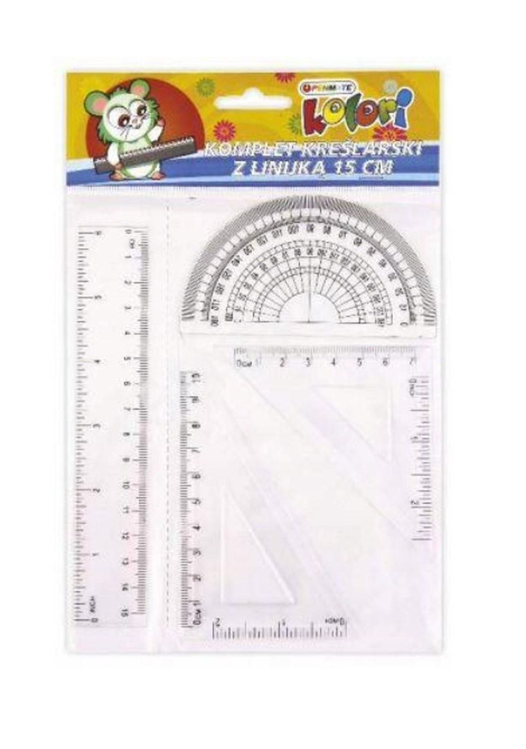 Komplet kreślarski z linijką, 15 cm