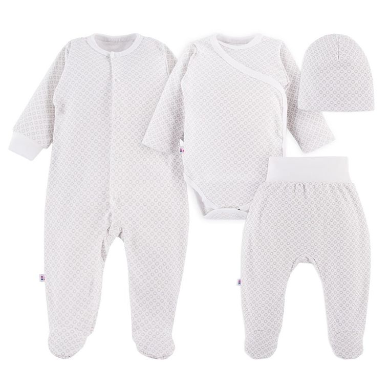 Komplet niemowlęcy, Czapka, Body z długim rękawem, Półśpiochy, Pajac, ecru, Eevi