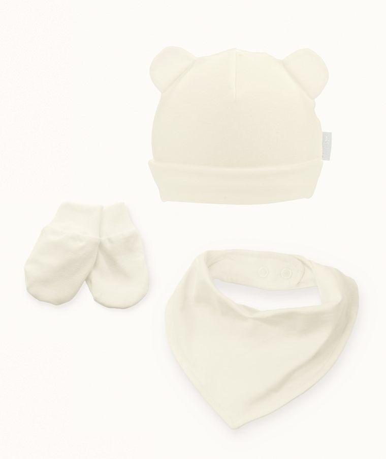Komplet niemowlęcy, Czapka, Rękawiczki niedrapki, Apaszka, ecru, Iltom