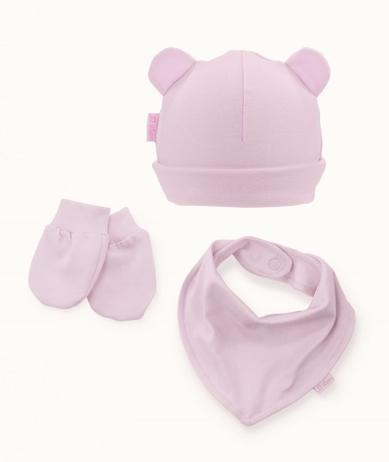 Komplet niemowlęcy, Czapka, Rękawiczki niedrapki, Apaszka, różowy, Iltom