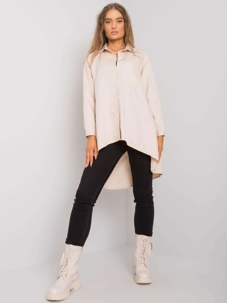 Koszula damska z długim rękawem, beżowa, Ex Moda