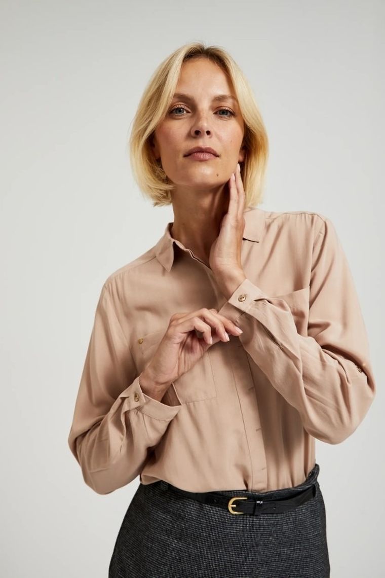 Koszula damska z długim rękawem, brązowa, Moodo