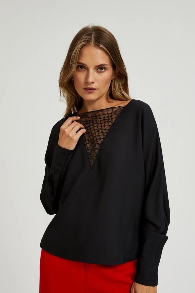 Koszula damska z długim rękawem, czarna, Moodo