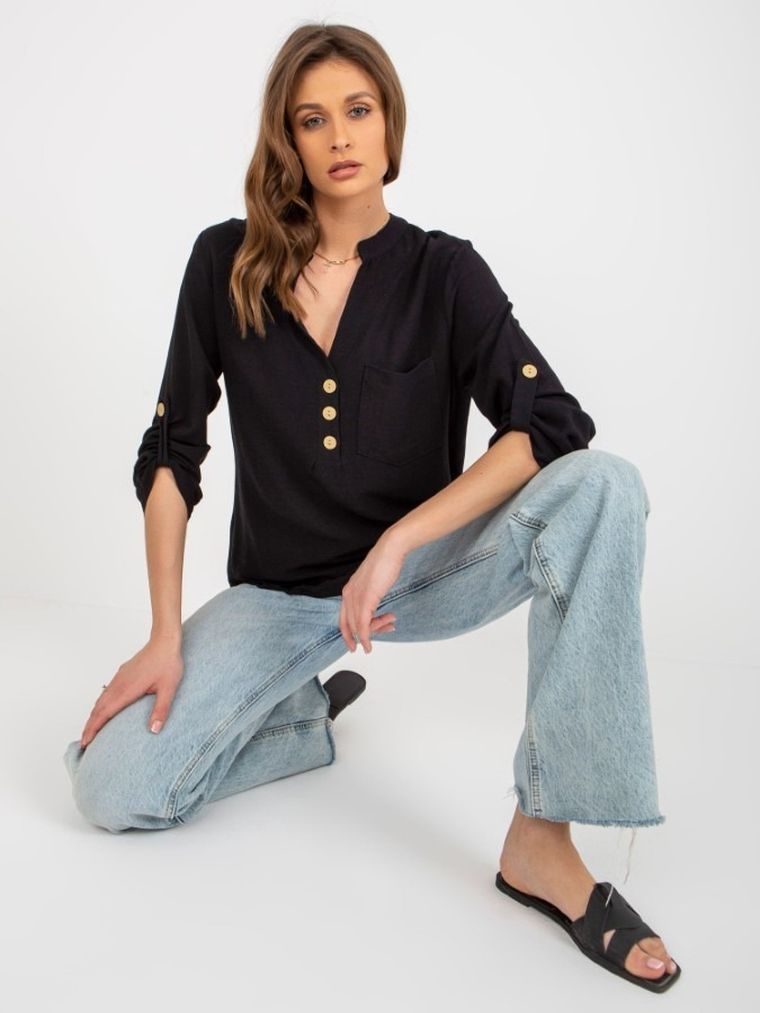 Koszula damska z długim rękawem, czarna, Rue Paris