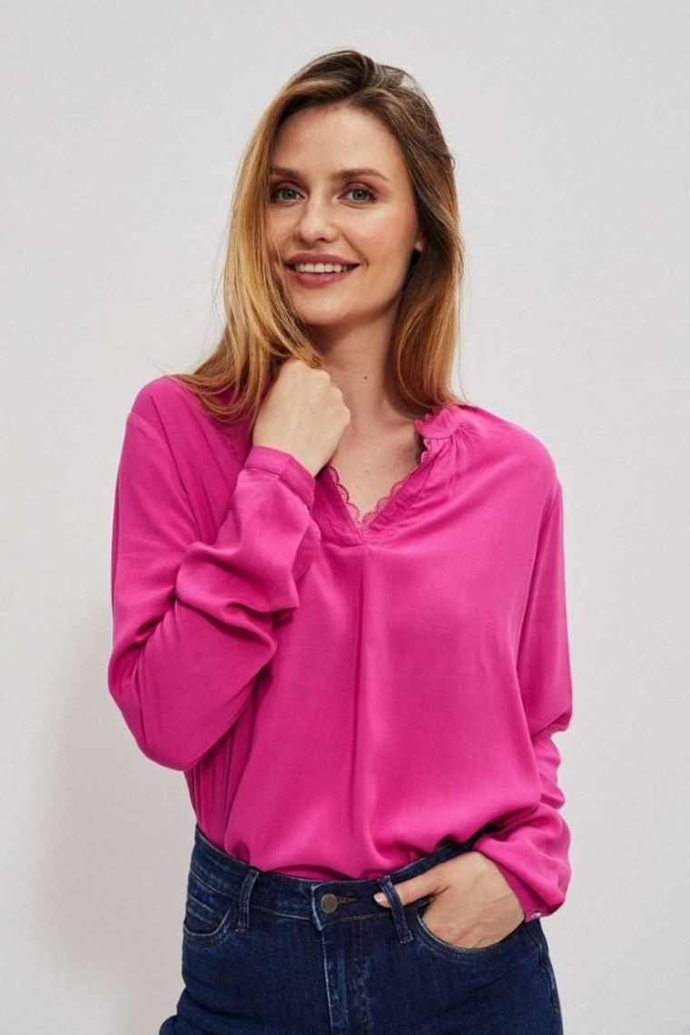 Koszula damska z długim rękawem, różowa, Moodo
