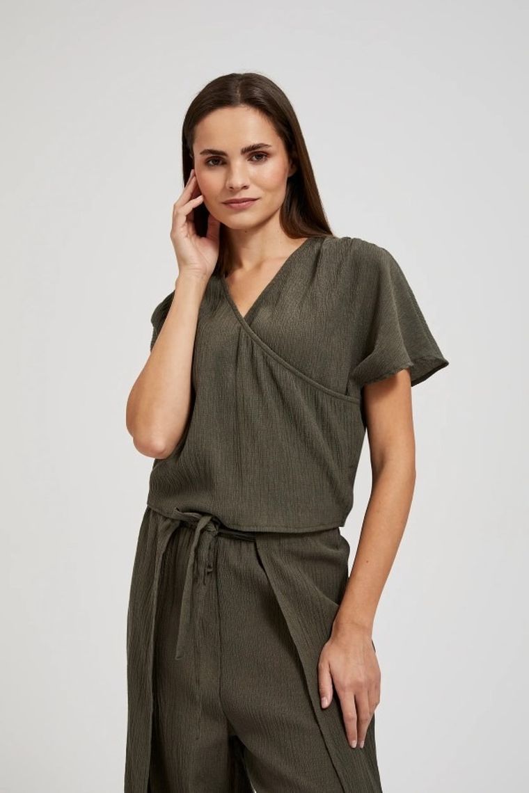 Koszula damska z krótkim rękawem, khaki, Moodo