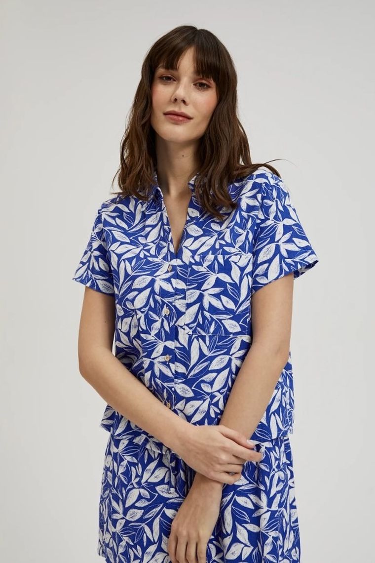 Koszula damska z krótkim rękawem, z lnem, granatowa, Moodo