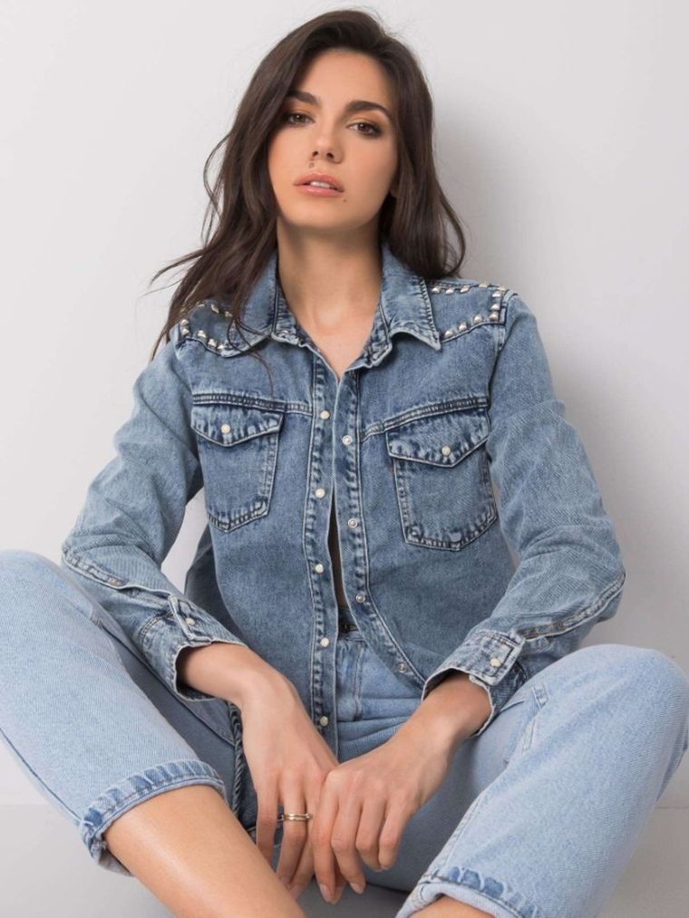 Koszula jeansowa damska z długim rękawem, niebieska, Factory Price