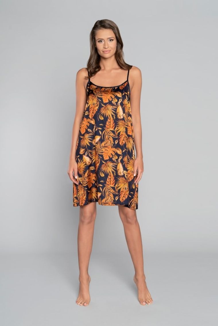 Koszula nocna damska na ramiączka, granatowo-pomarańczowa, Monstera, Italian Fashion