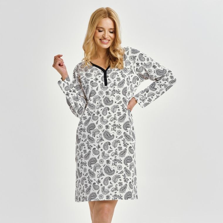Koszula nocna damska z długim rękawem, biała, Aida, Taro