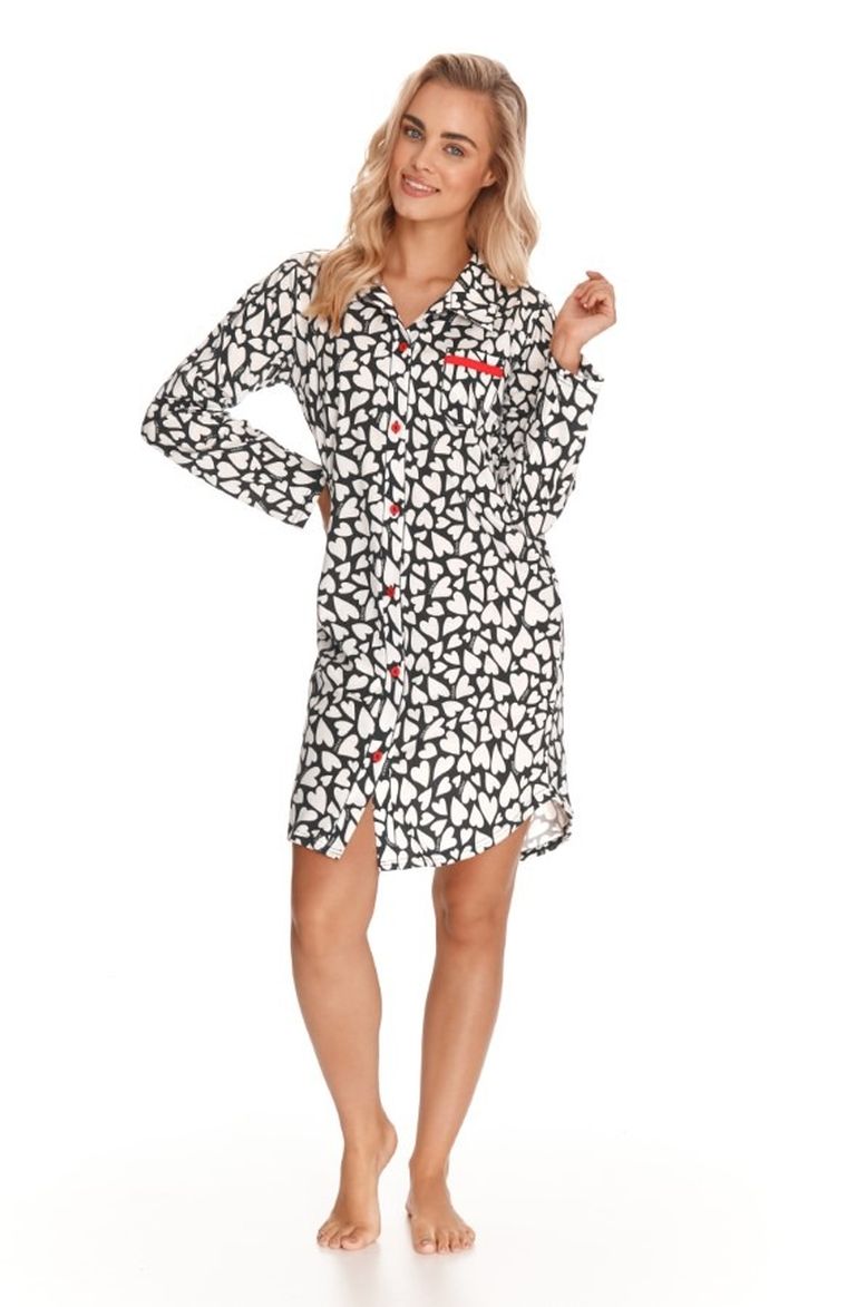 Koszula nocna damska z długim rękawem, czarno-biała, Celine, Taro