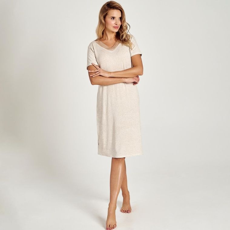 Koszula nocna damska z krótkim rękawem, beżowa, Taro