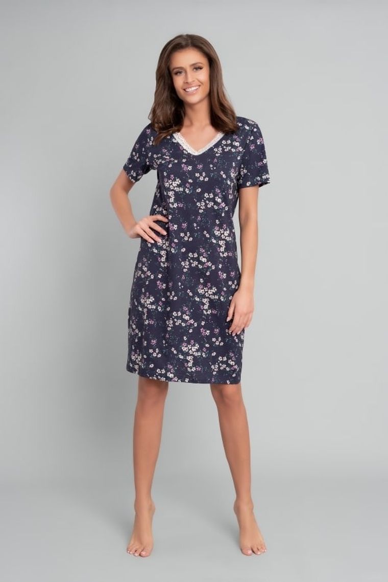 Koszula nocna damska z krótkim rękawem, granatowa, Evita, Italian Fashion