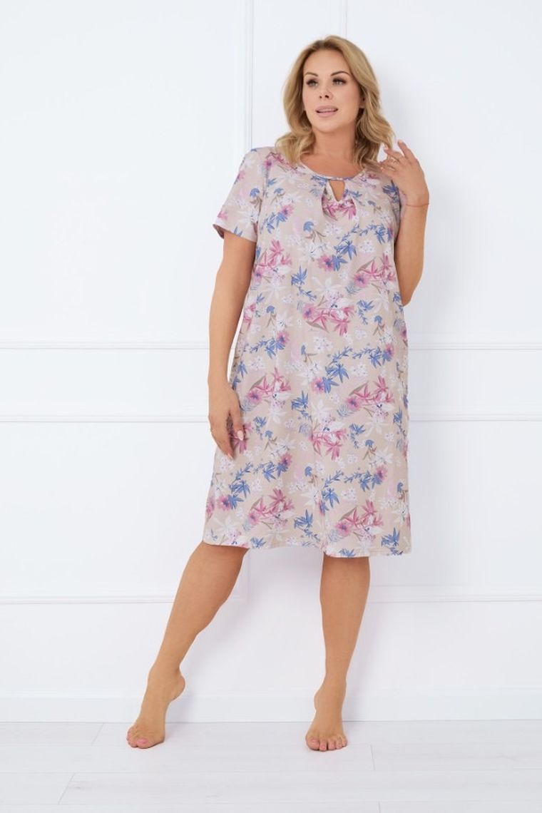 Koszula nocna damska z krótkim rękawem, plus size, beżowa, Italian Fashion