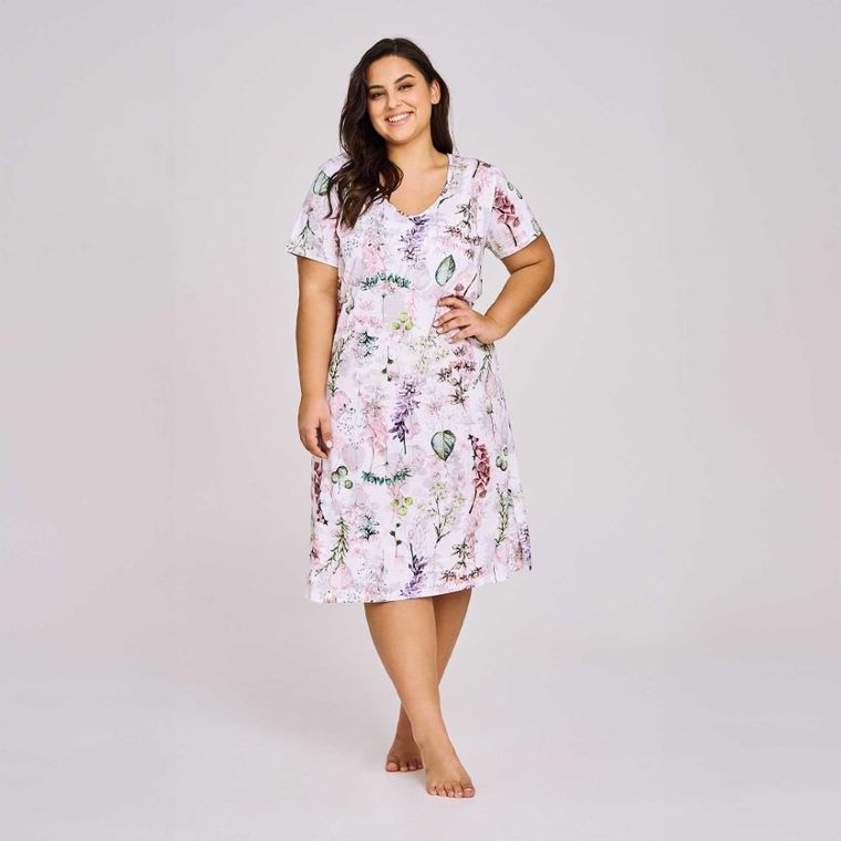 Koszula nocna damska z krótkim rękawem, plus size, biała, Taro