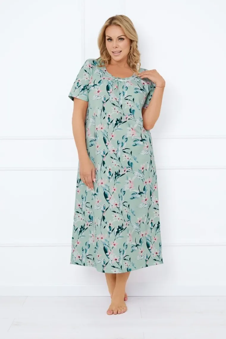 Koszula nocna damska z krótkim rękawem, plus size, zielona, Italian Fashion