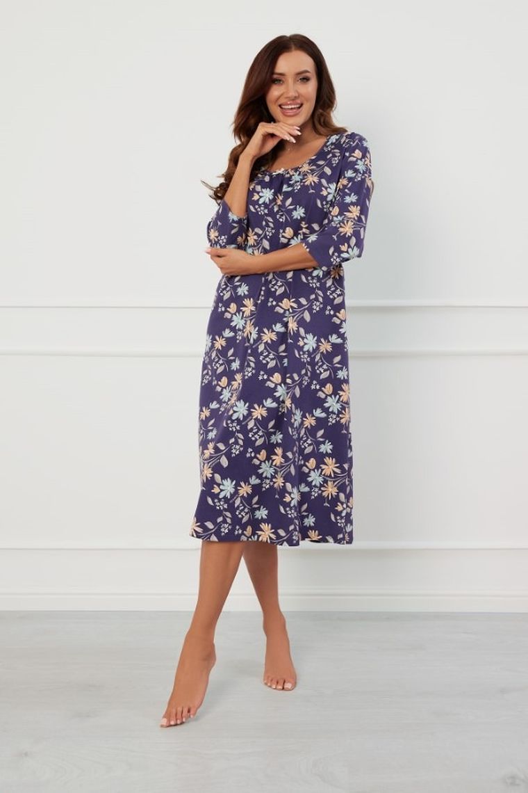 Koszula nocna damska z rękawem 3/4, granatowa, Pulia, Italian Fashion