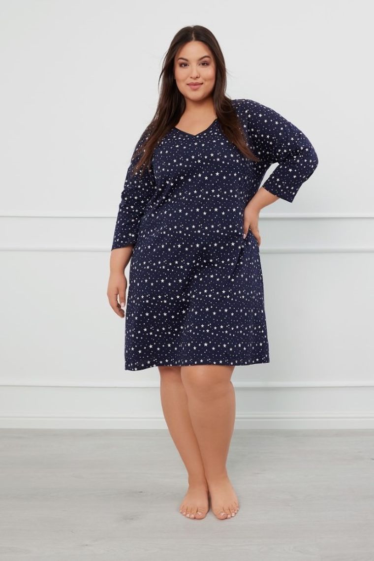 Koszula nocna damska z rękawem 3/4, plus size, granatowa, Libra, Italian Fashion