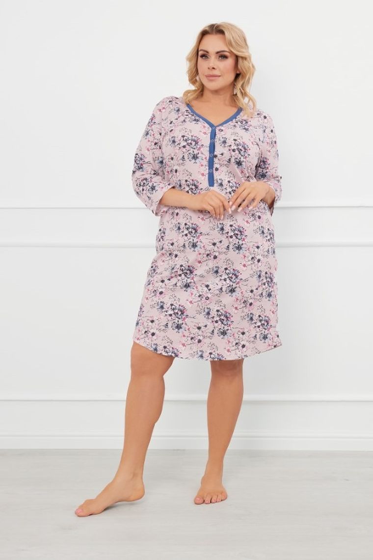 Koszula nocna damska z rękawem 3/4, plus size, różowa, Lacenta, Italian Fashion