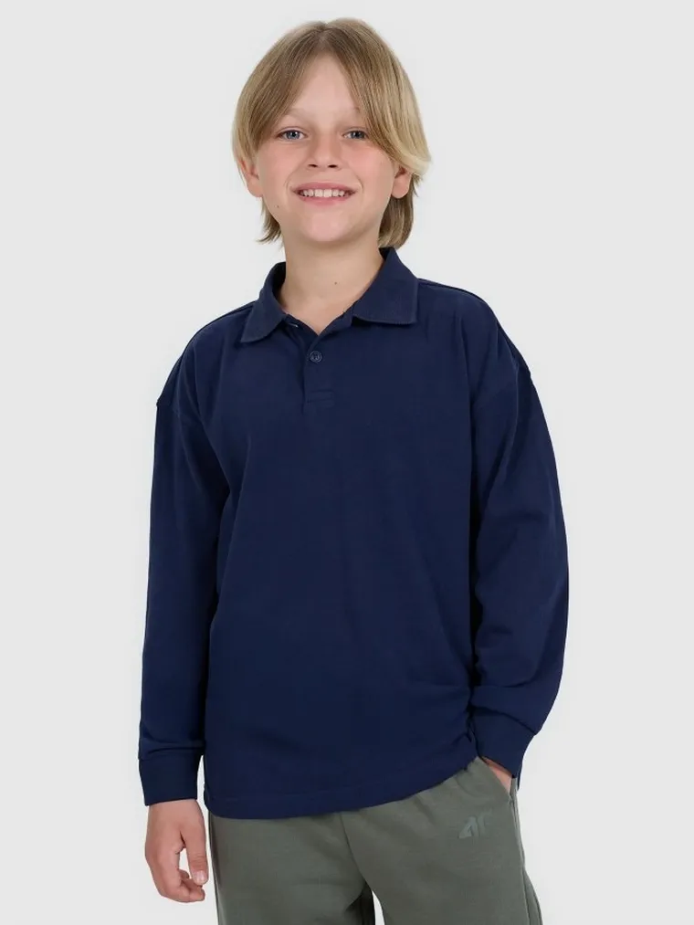 Koszulka polo chłopięca z długim rękawem, granatowa, 4F