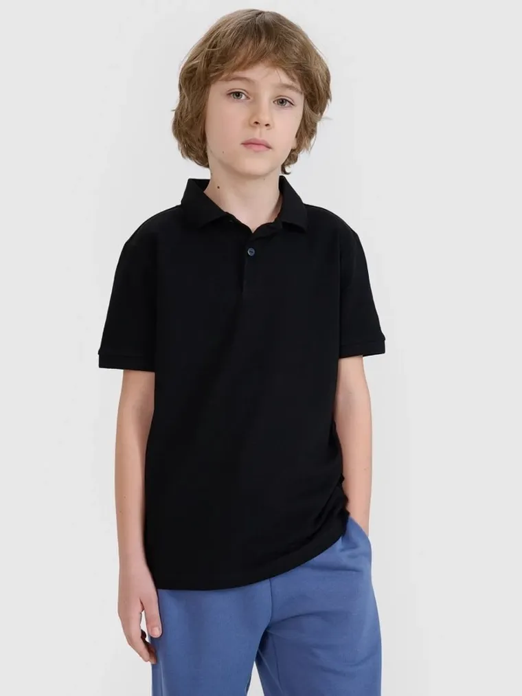 Koszulka polo chłopięca z krótkim rękawem, czarna, 4F