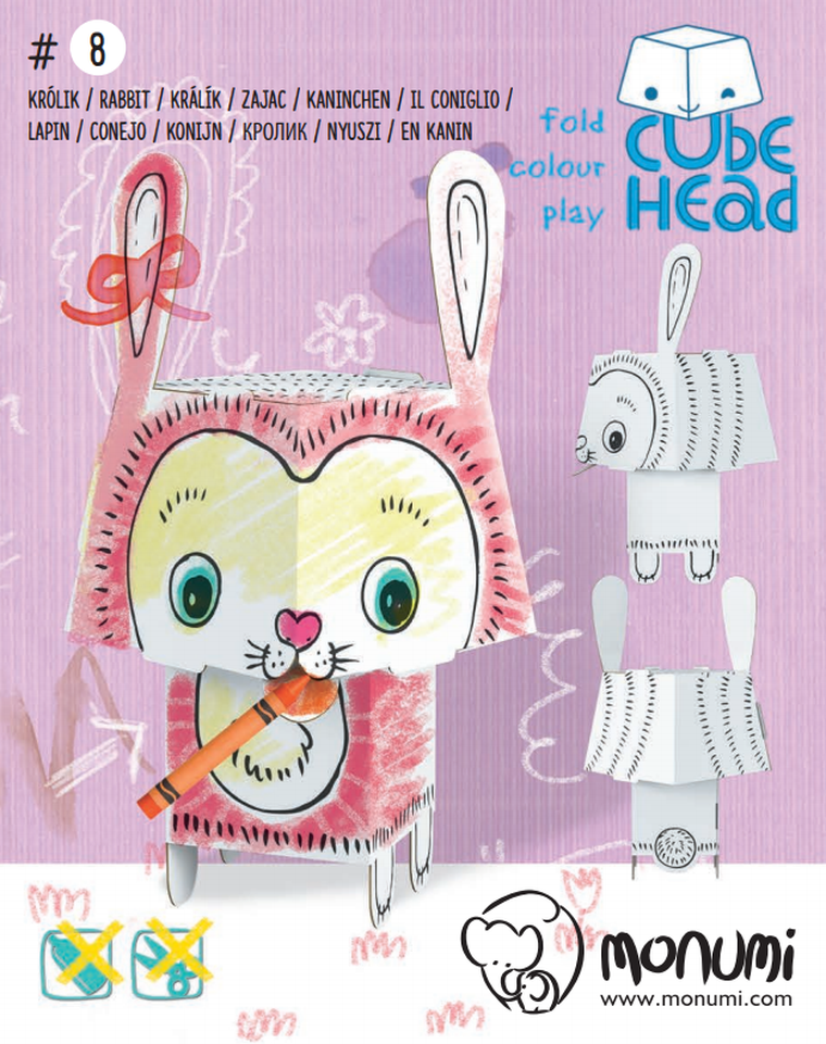 Królik. Cube head. Złóż i pokoloruj