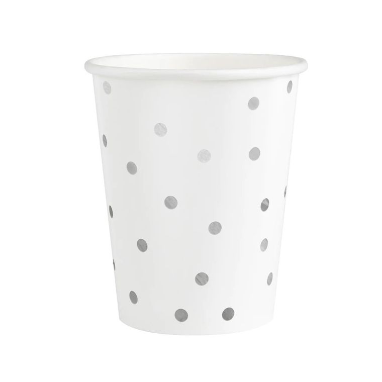 Kubeczki papierowe, białe, srebrne, kropki 6 szt., 220 ml