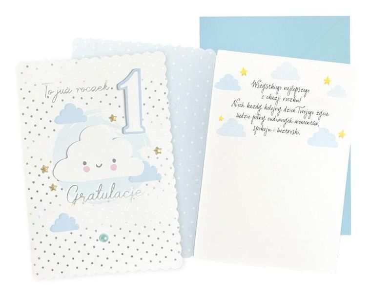 Kukartka, karnet B6, Urodziny, Roczek, chmurka niebieska