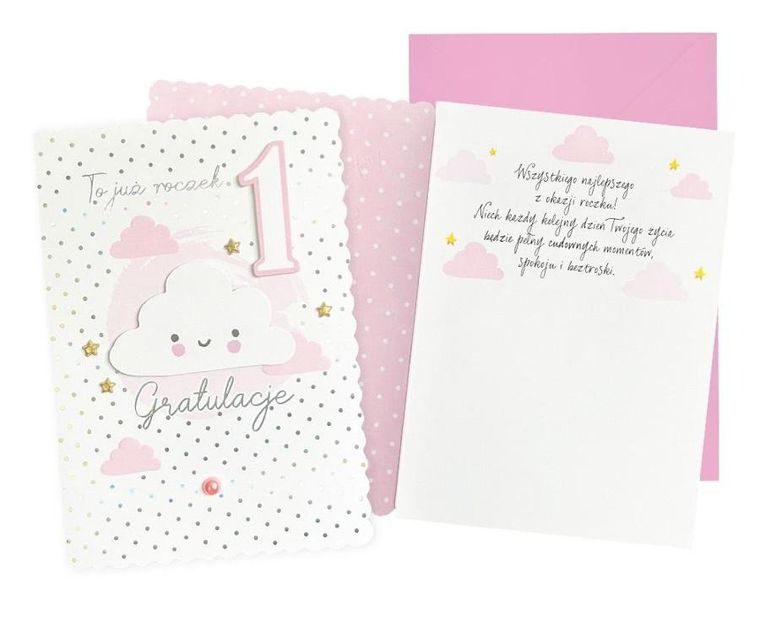 Kukartka, karnet B6, Urodziny, Roczek, chmurka różowa