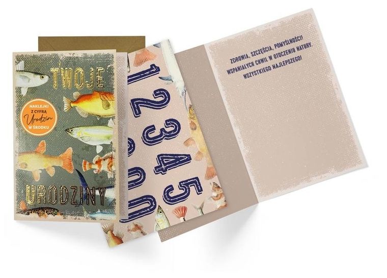 Kukartka, karnet urodzinowy B6, ryby, wymienne cyfry