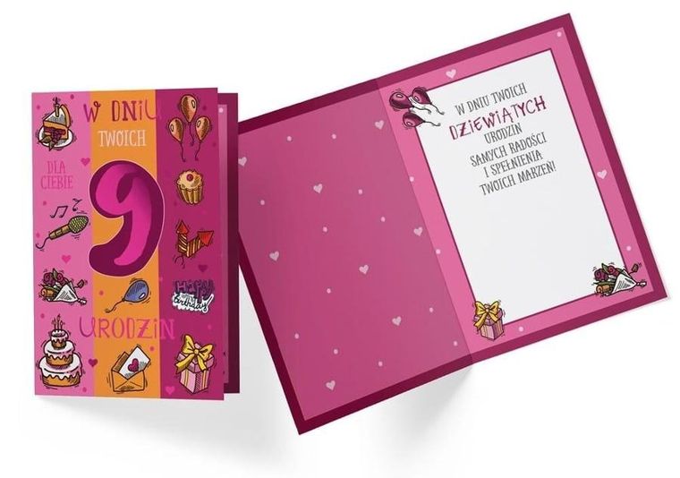 Kukartka, karnet, Urodziny 9, dziewczynka