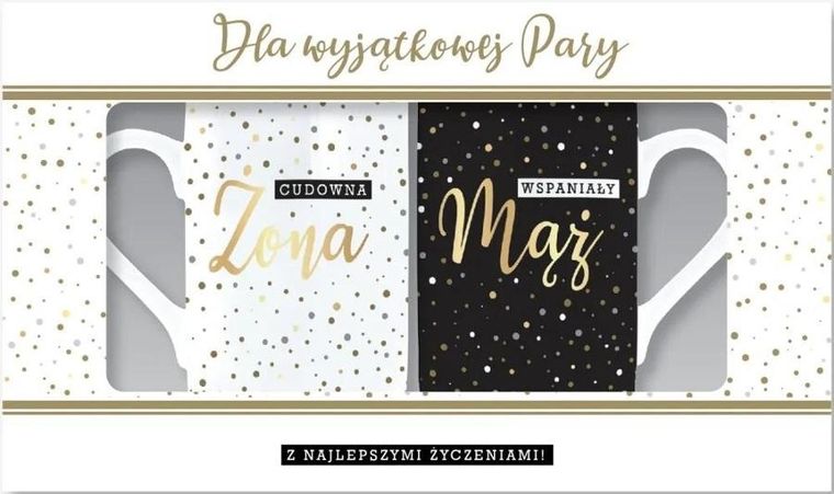 Kukartka, komplet kubków, Cudowna Żona, Wspaniały Mąż