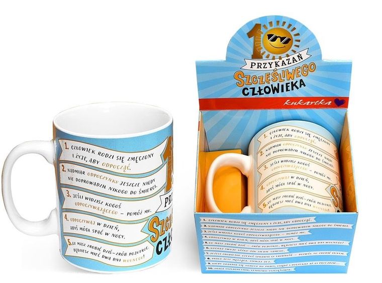Kukartka, kubek gigant, 10 Przykazań Szczęśliwego Człowieka