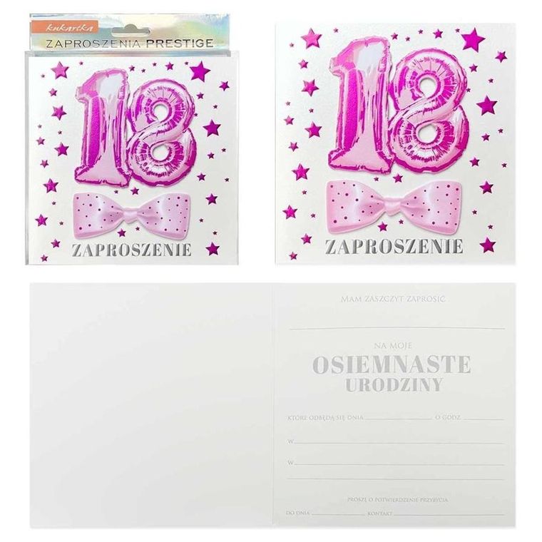 Kukartka, zaproszenia na 18 urodziny, 5 szt.