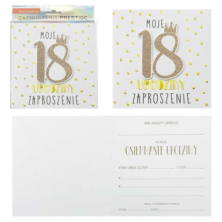 Kukartka, zaproszenia na 18 urodziny, 5 szt.