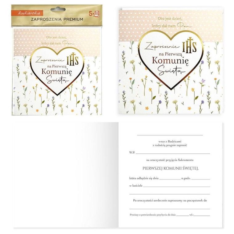 Kukartka, zaproszenie, Komunia, 5 szt.