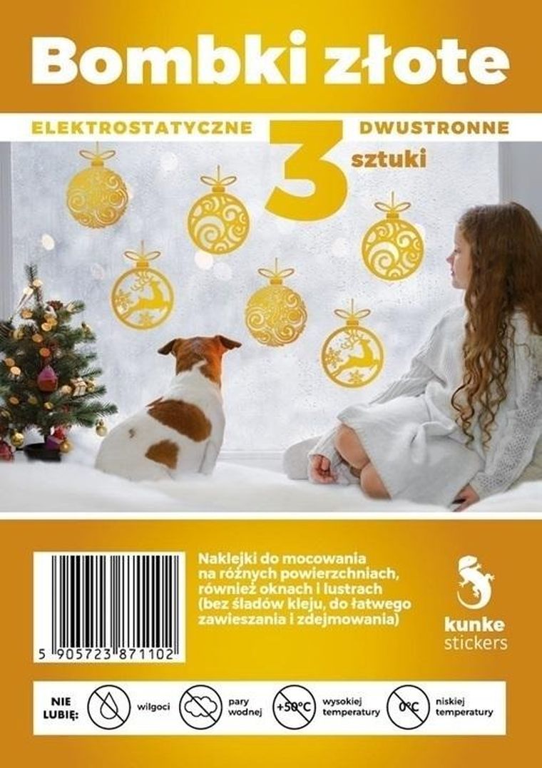 Kunke, bombki dwustronne, elektrostatyczne, złote, 3 szt.