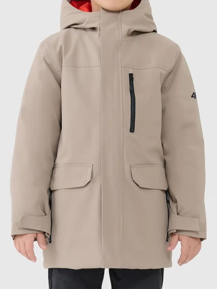 Kurtka chłopięca z kapturem, ocieplana, beżowa, 4F