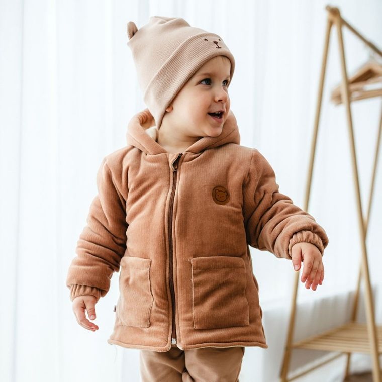 Kurtka chłopięca z kapturem, ocieplana, beżowa, Eevi