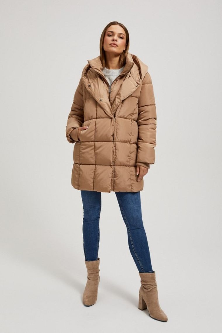 Kurtka damska z kapturem, beżowa, Moodo
