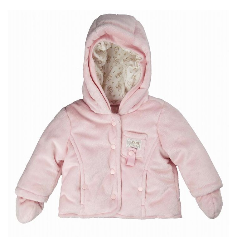 Kurtka dziewczęca z kapturem, futrzana, jasnoróżowa, Kanz