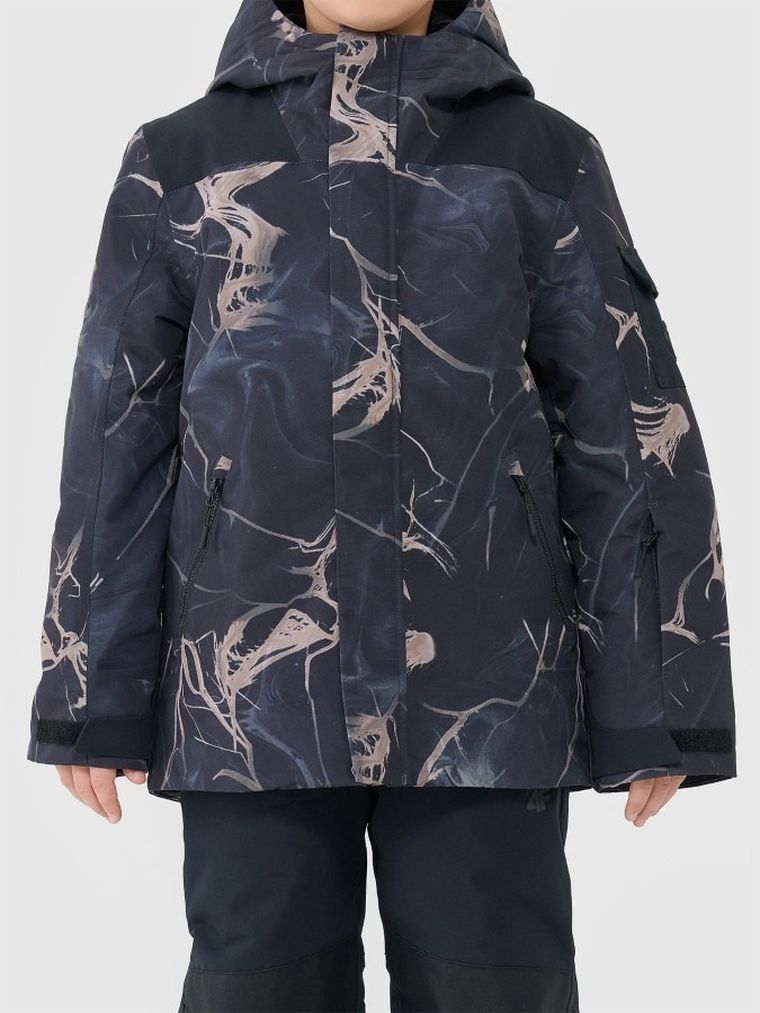 Kurtka narciarska chłopięca z kapturem, ocieplana, granatowa, 4F