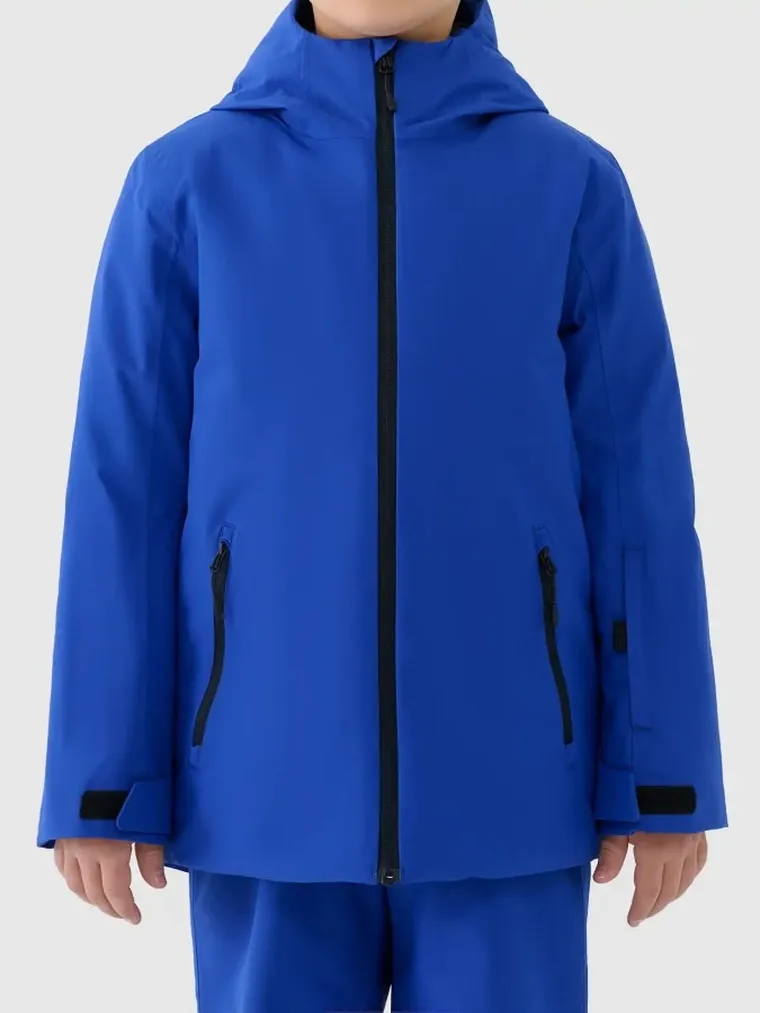 Kurtka narciarska chłopięca z kapturem, ocieplana, niebieska, 4F