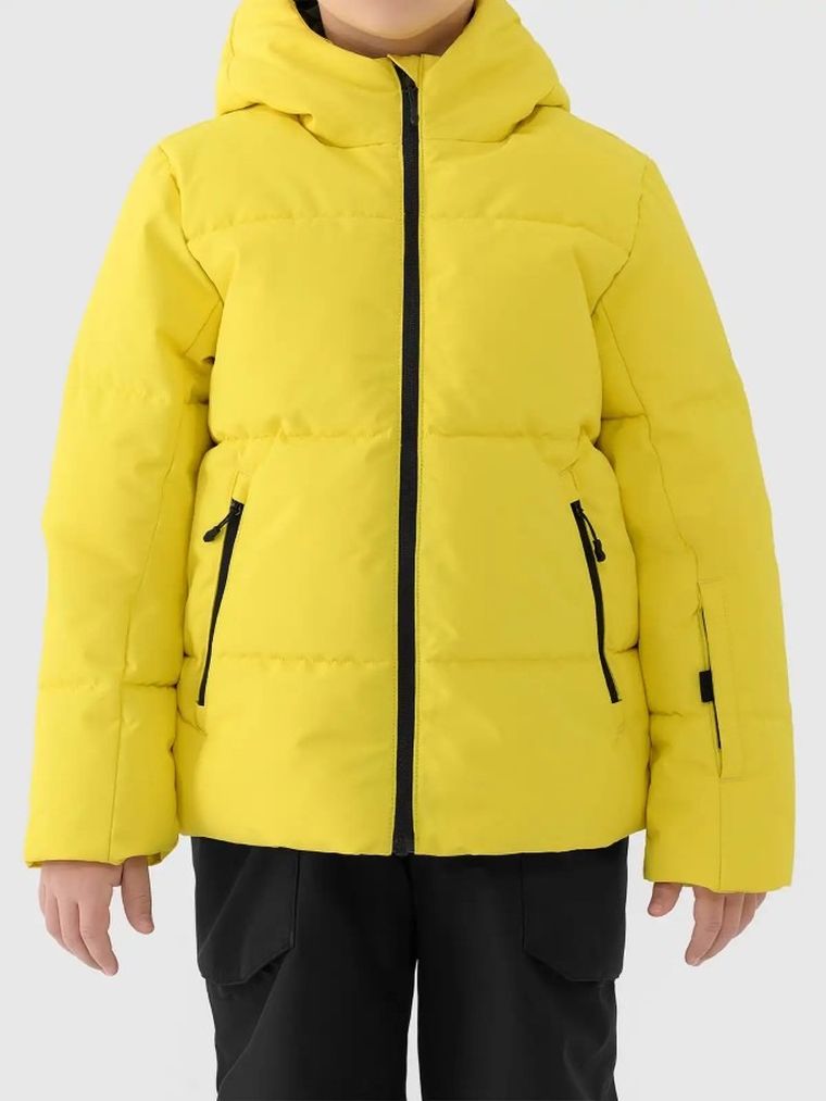 Kurtka narciarska chłopięca z kapturem, ocieplana, żółta, 4F