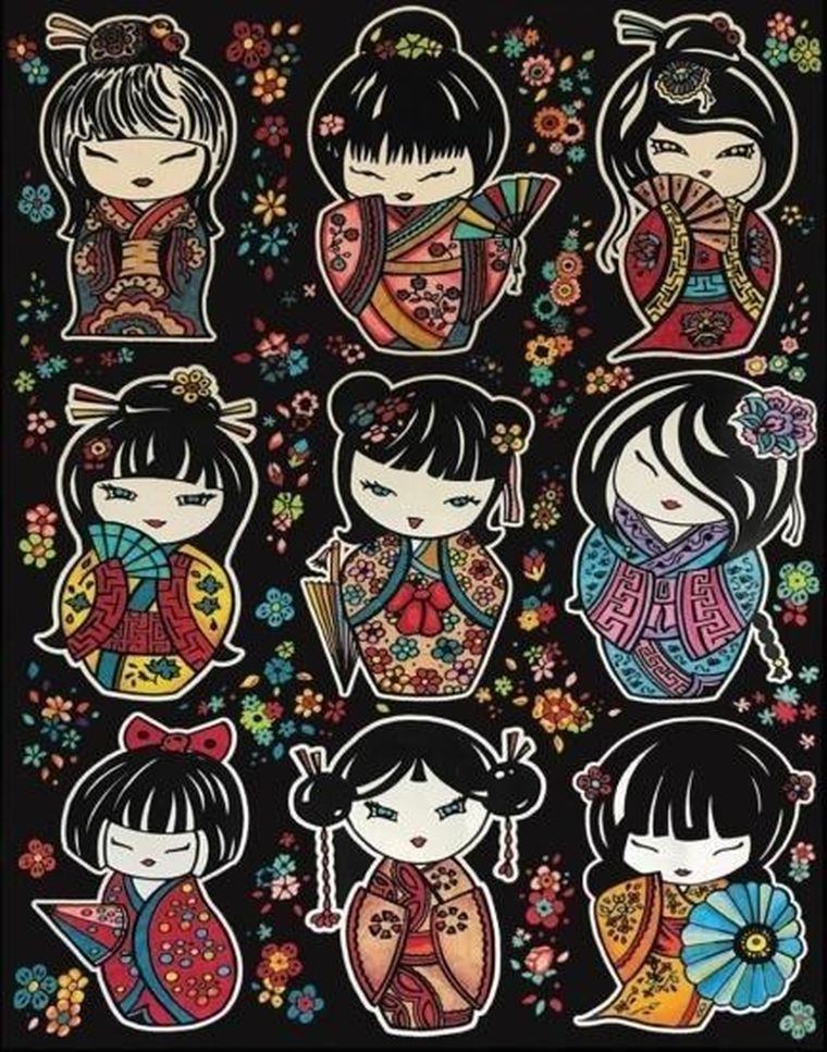 Laleczki Kokeshi. Kolorowanka welwetowa, 47-35 cm