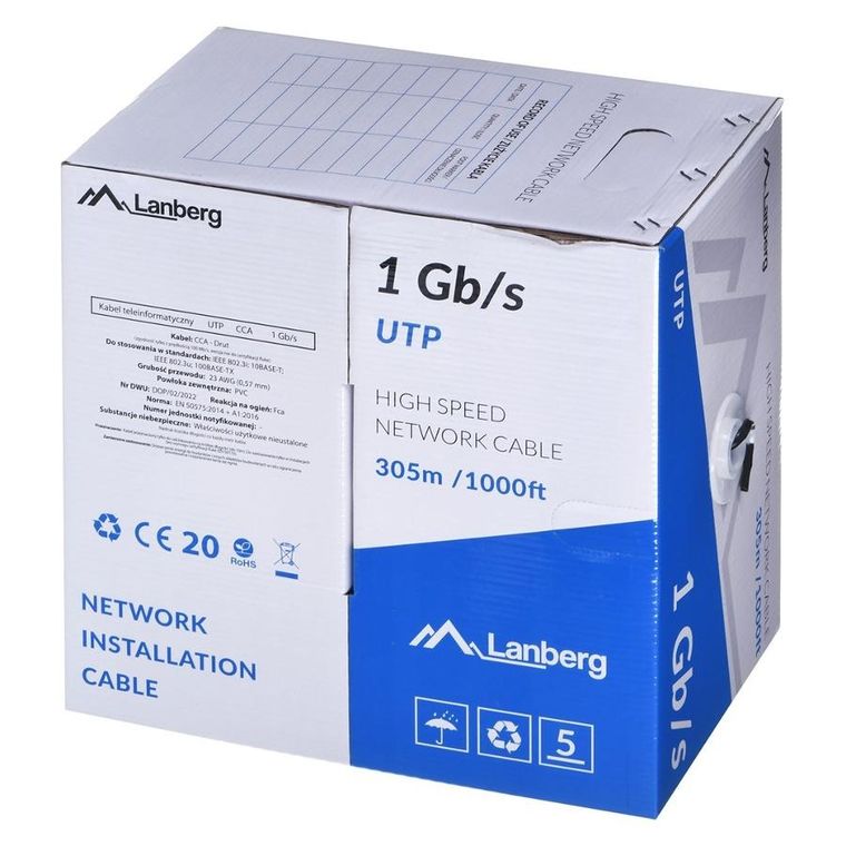 Lanberg, kabel LAN, UTP, 1gb/s, czarny, 305m