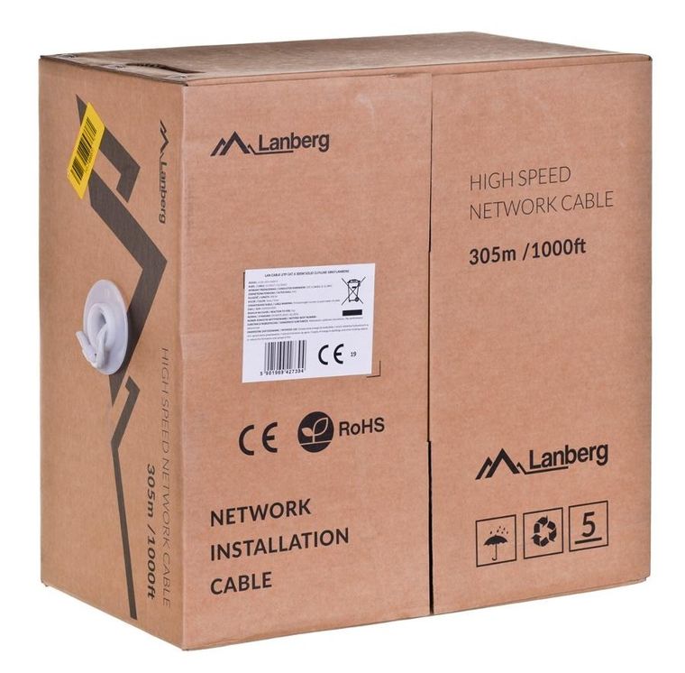Lanberg, kabel sieciowy, LCU6-12CU-0305-S, UTP; 305m, kat. 6, szary