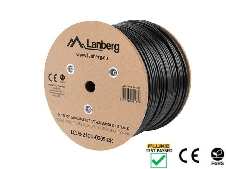 Lanberg, kabel sieciowy, zewnętrzne, LCU6-21CU-0305-BK, UTP, 305m, kat. 6, czarny