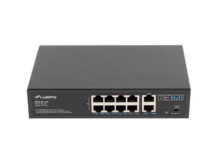 Lanberg, switch, POE+ RACK 10"/19" (8X 100MB/S POE+, 2X 1GB/S) RSFE-8P-2GE-120