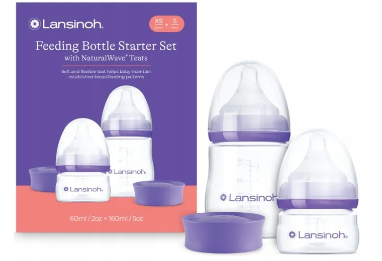 Lansinoh, Natural Wave, zestaw startowy butelek do karmienia ze smoczkami, rozmiar XS i S, 60 ml + 160 ml